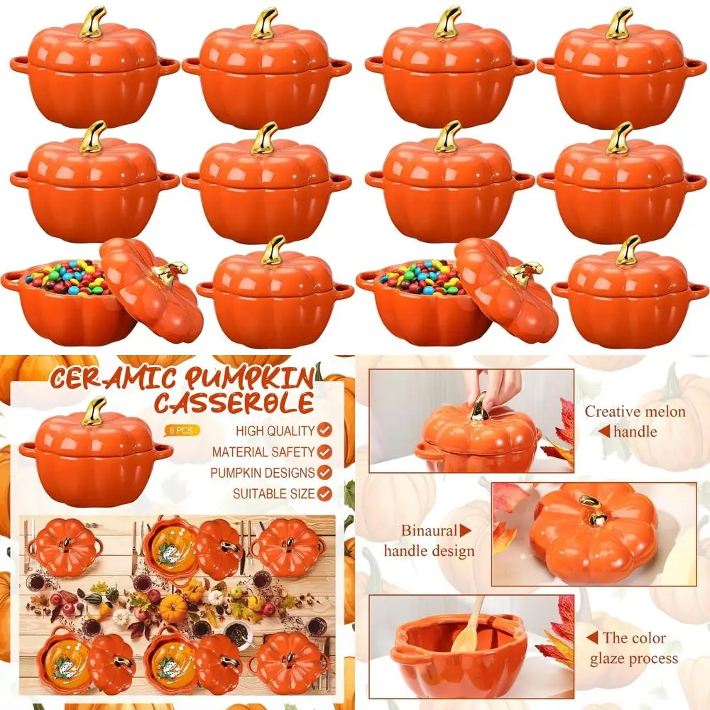 

Набор из 6 оранжевых керамических мисок в форме тыквы, 440 мл, с крышками и ручками, идеально подходит для вечеринок в честь Хэллоуина и использования в кухне