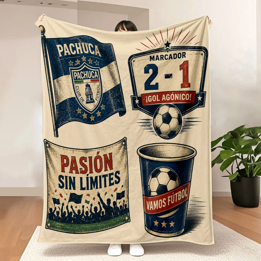 Pachuca FC Soccer Fan Blanket—Vintage distressed design with "Pasión Sin Límites" and retro graphics, perfect for Mexican foo