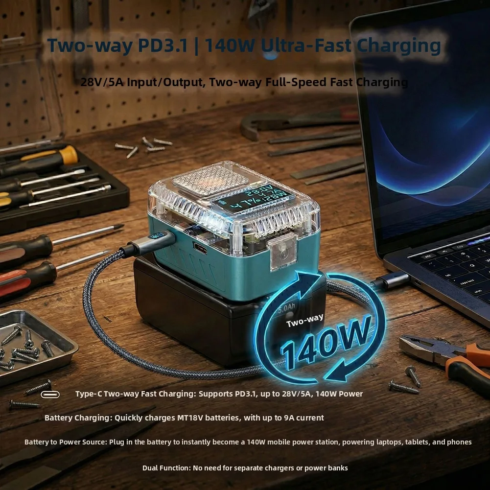 Type-C PD3.1 140W Dual Function Charger Power Bank Compatible with For BL1820B BL1830B BL1840B BL1850B BL1860B 18V Batteries