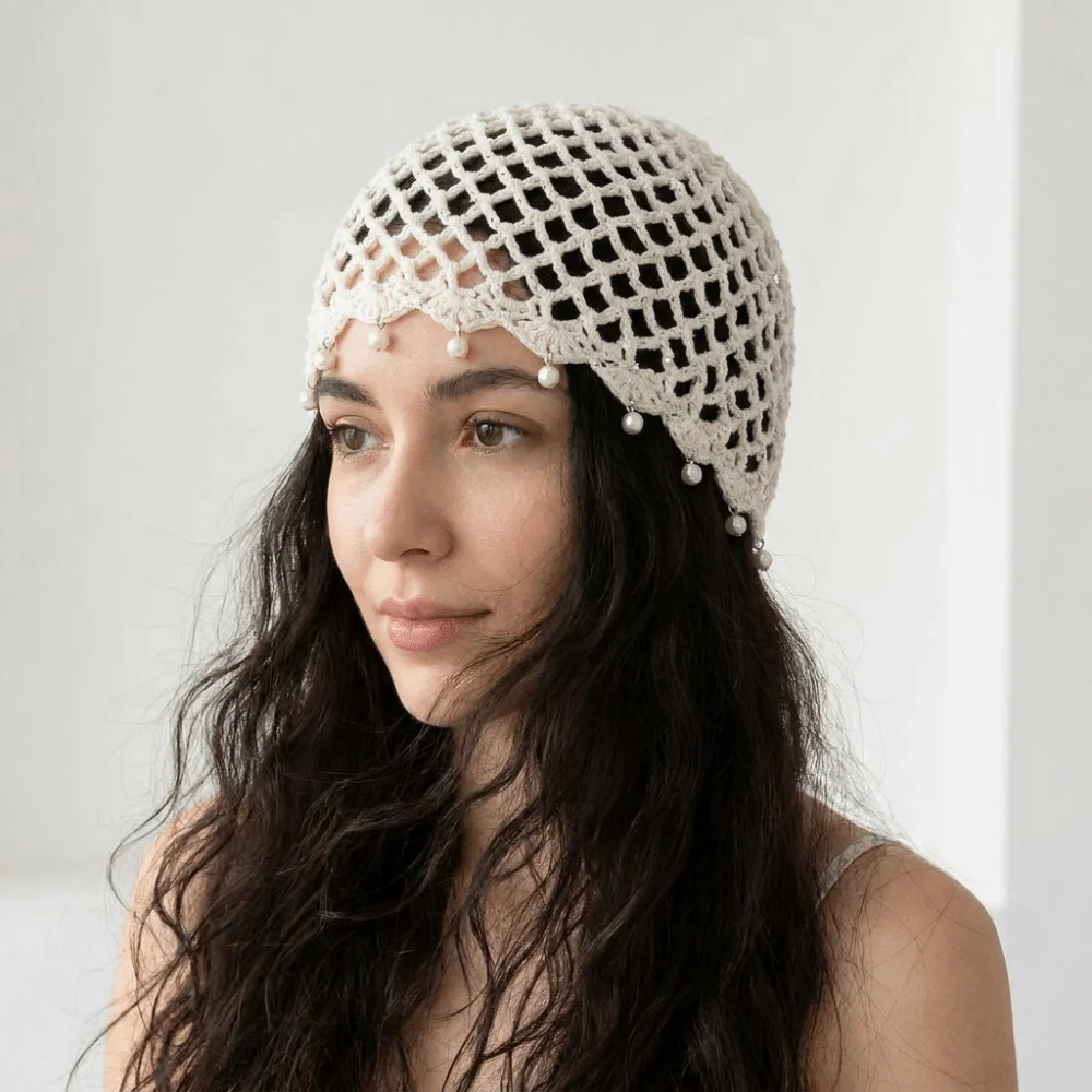 Beads Tassels Crochet Hollow Knitted Hat Bohemian Style Hollow Out Knit Beanies Thin Handmade Ethnic Style Hat