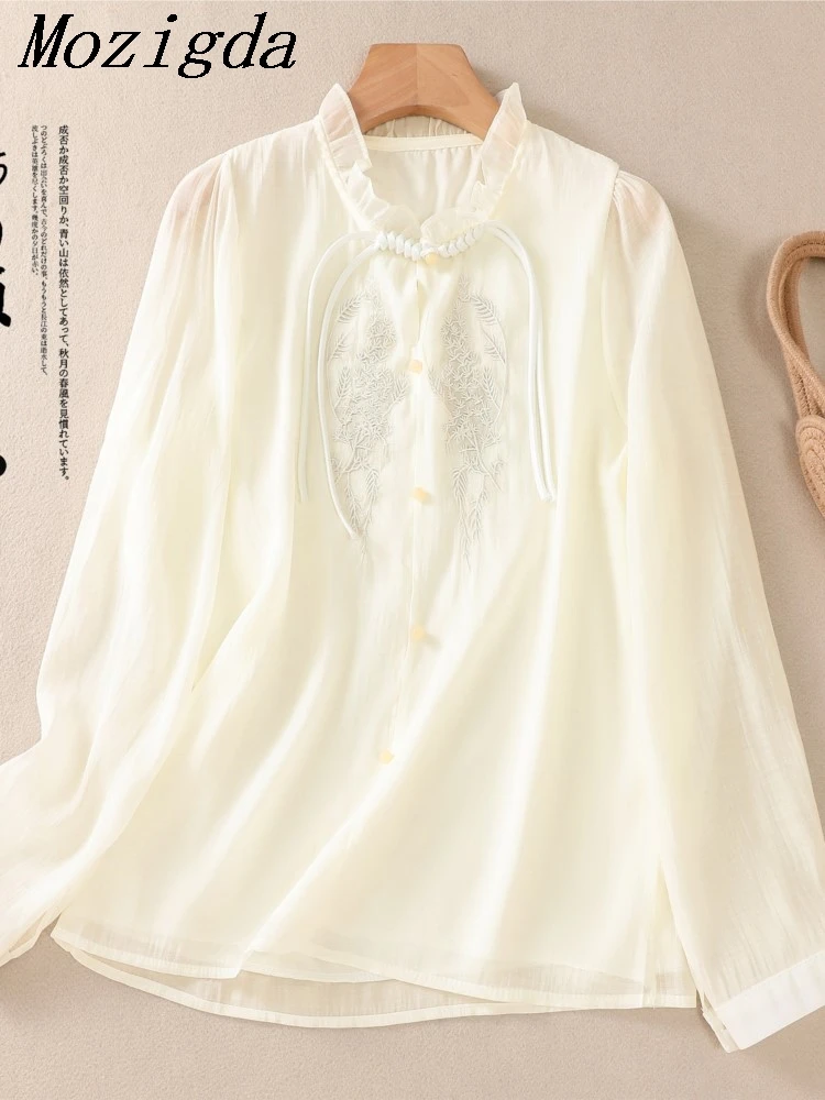 

Autumn Chinese Style Embroidered Button Down Shirt Women Versatile New Design Chic Small Shirt Chiffon Ladies Tops