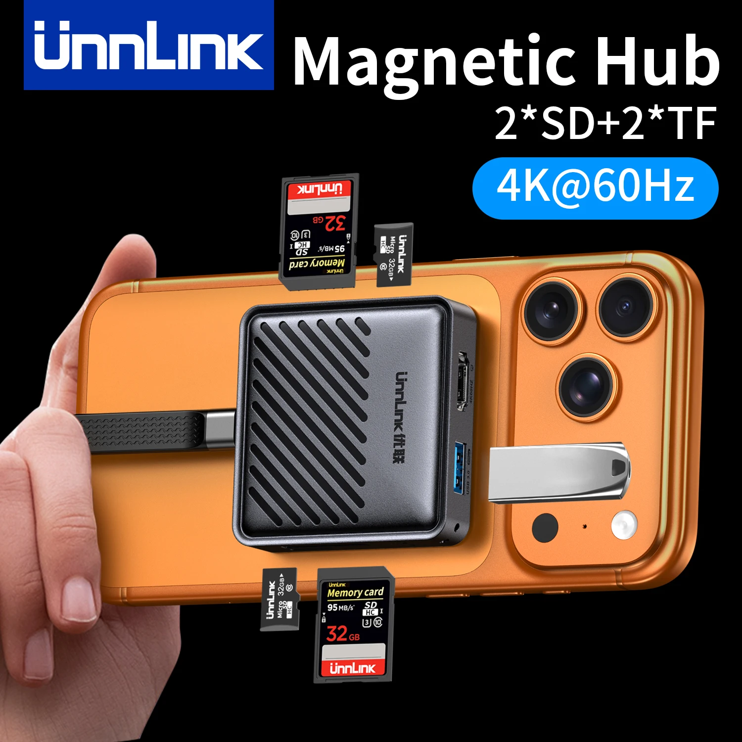 

Unnlink Magnetic SD/TF Card Reader, USB C to 2*SD+2*TF+1*USB-C 5Gbps+1*USB 3.0+1*HDMI 4K 60Hz+1*PD3.0 65W, Simultaneously Work