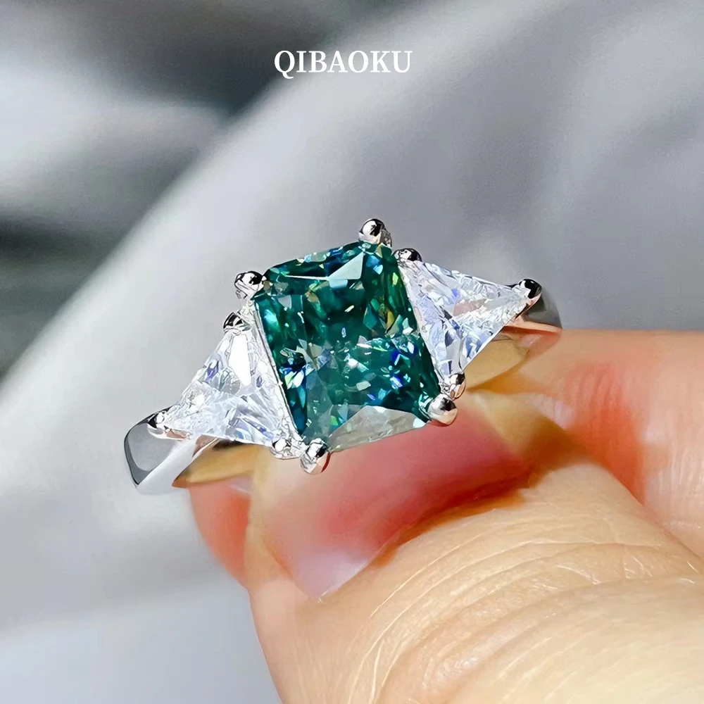 QIBAOKU 3-Stone 2CT Radiant Green Moissanite Rings S925 Silver For Women Triangle Diamond Wedding Band Jewelry GRA 2026