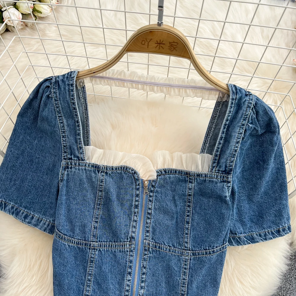 Sexy Women Croped Denim Blouse 2023 Summer New French Style Square Neck Zipper Shirt Female Casual Lace Edge Slim Fit Top