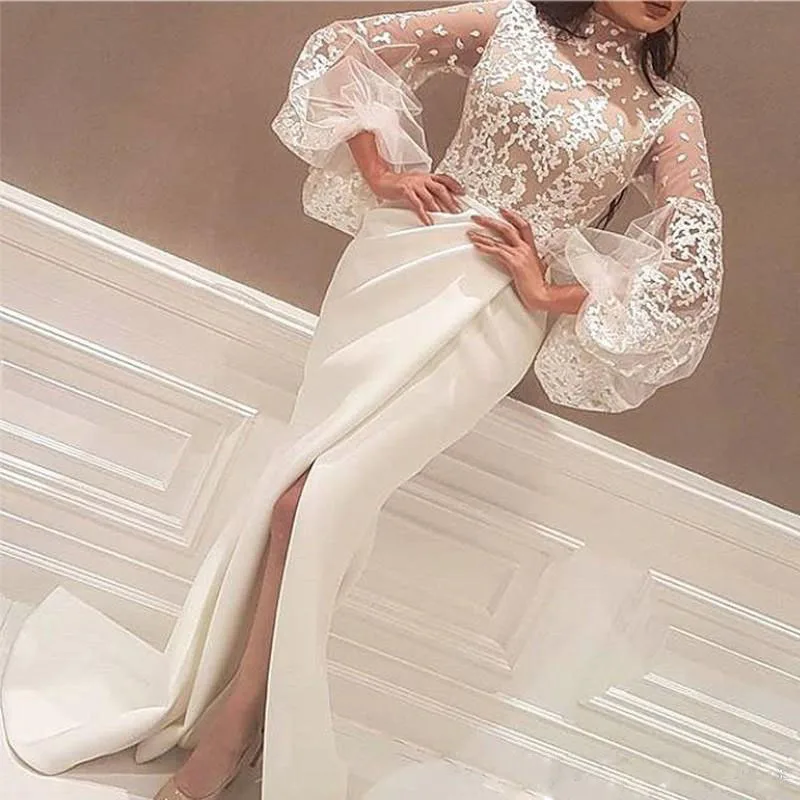 

Elegant Luxury Mermaid Prom Gown Slit Long Sleeves High Neck Tulle Applique Sweep Train Wedding Guest Dress 2025 Free Customized