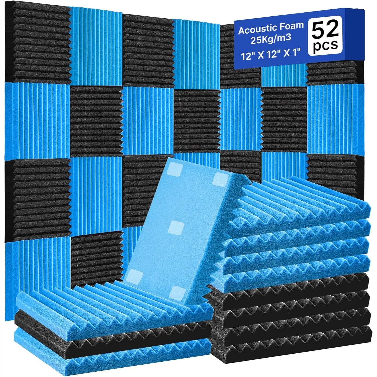 Acoustic Foam Panels 1"x12"x12" Wedge Studio Sound Absorption Wall Panels for Recording Studios, Home Theaters, and Offices - 52