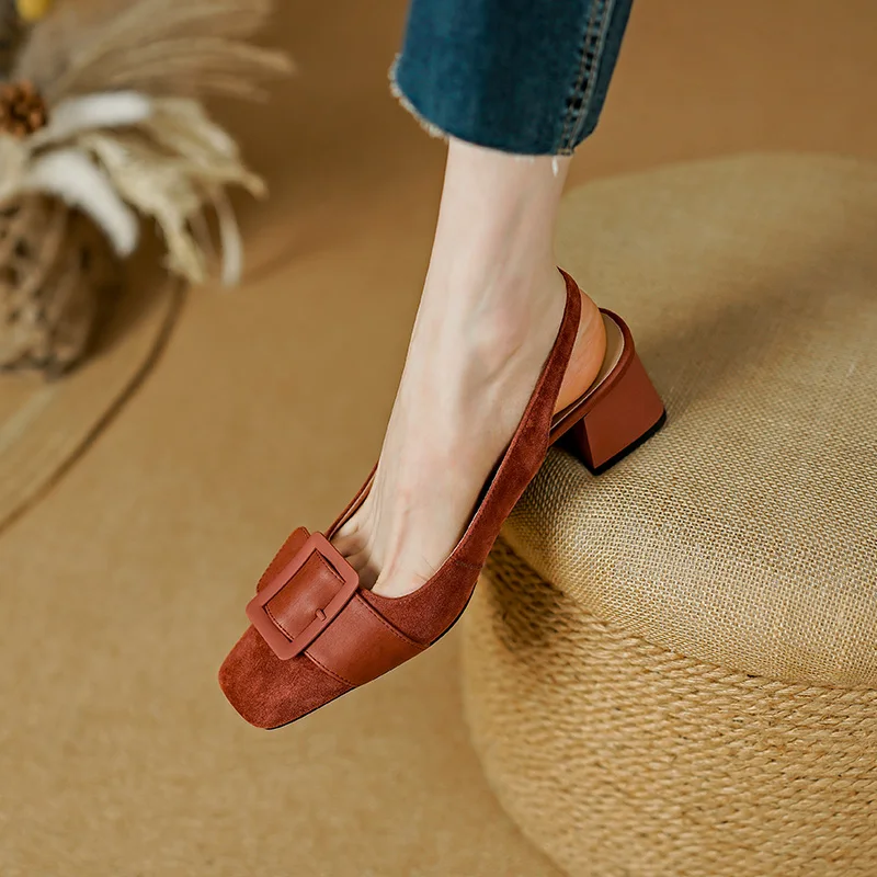 2023 Retro Buckle Genuine Leather Sheep Suede Women Sandals Spring Summer High Heel Mature Dress Office Lady Pumps Shoes Woman