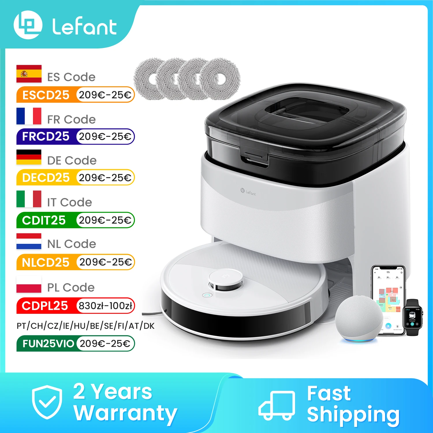 Lefant M3L Aspirateur robot Nettoyage, aspiration, séchage, lingettes Nettoyage automatique, poussière, puissance d'aspiration 12 000 Pa, navigation DToF