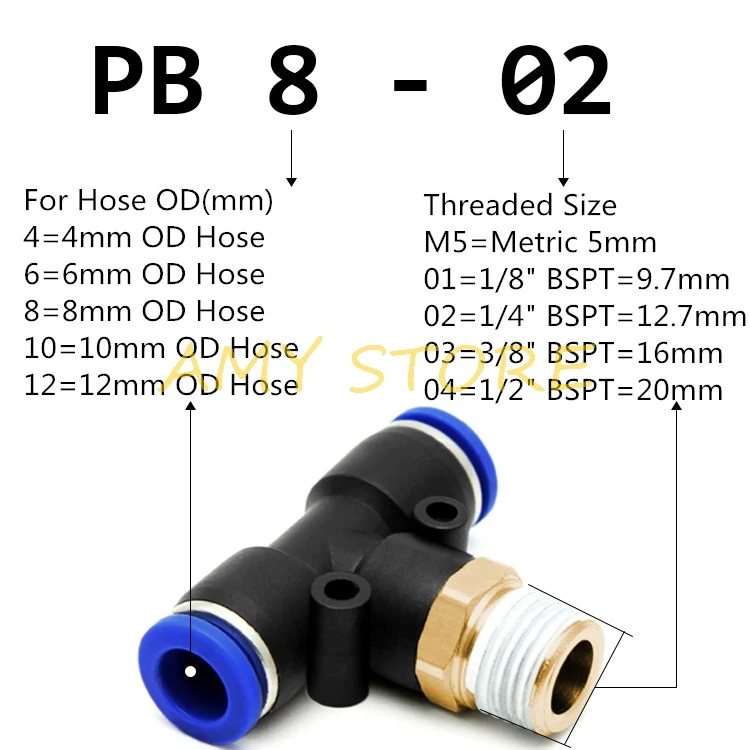 Pneumatic Air Tube Hose Push In Quick Connector T Equal Tee PB 4 6 8 10 12mm-M5