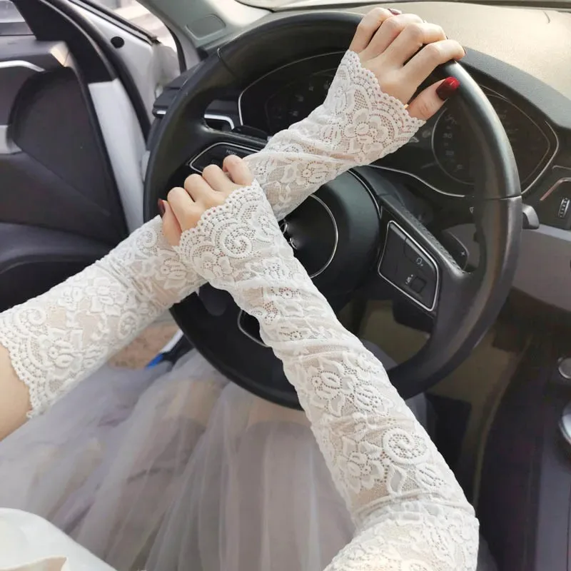

1Pair Sexy Lace Flowers Sunscreen Arm Sleeves Elegant Long Fingerless Gloves Women UV Protection Driving Arm Sleeve