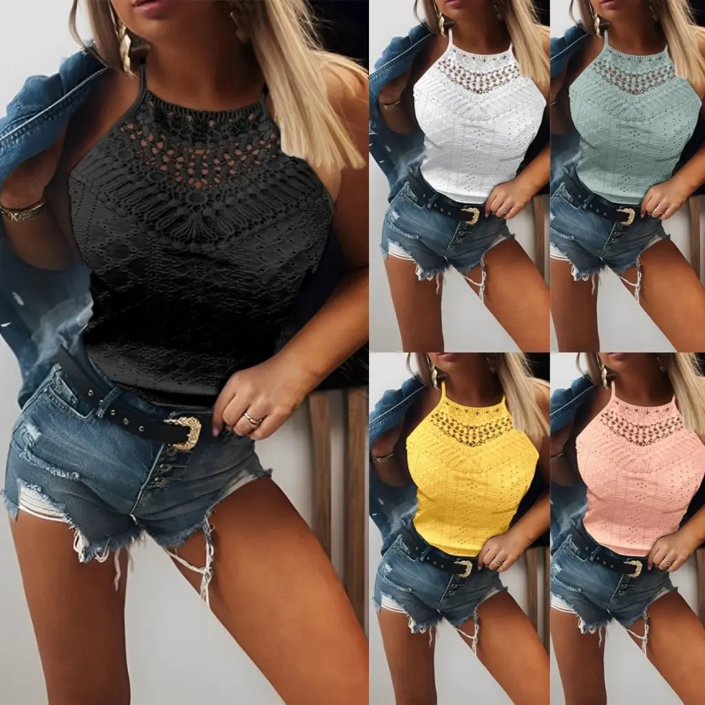 

Women's Sleeveless Hollow Lace Vest Summer Solid Color Neck Small Wish Fashion Top