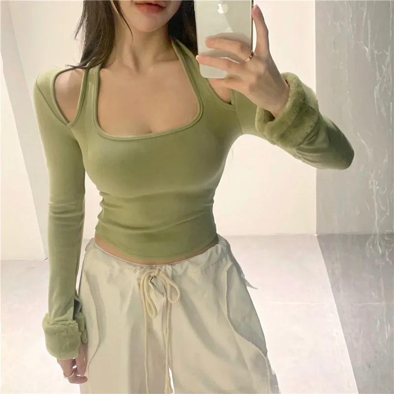 

Winter Fall Girls Knit Hollowed T-shirt Sexy Slim Fit Short Cut Sexy Lady Korean Fashion Tops Faux Fut Cuff