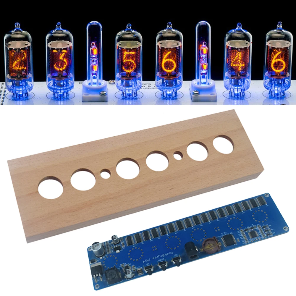 IN14 Glow Tube Clock DIY Tube Clock Kit Buchenholzschale IN14 Nixie Tube Digitale LED-Uhr DC12V 1A Mehrfarbig für Zeitanzeige