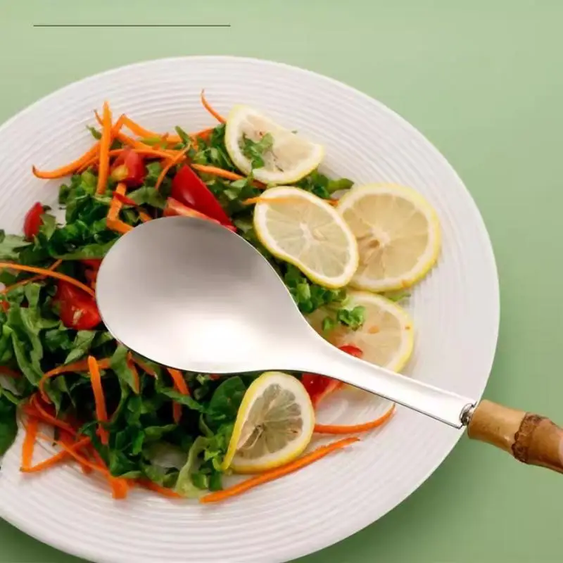 1pcs Bamboo Handle Dinnerware Salad Fork Spoon Cutlery Mirror Stainless Steel Flatware Western Home Kitchen Tableware