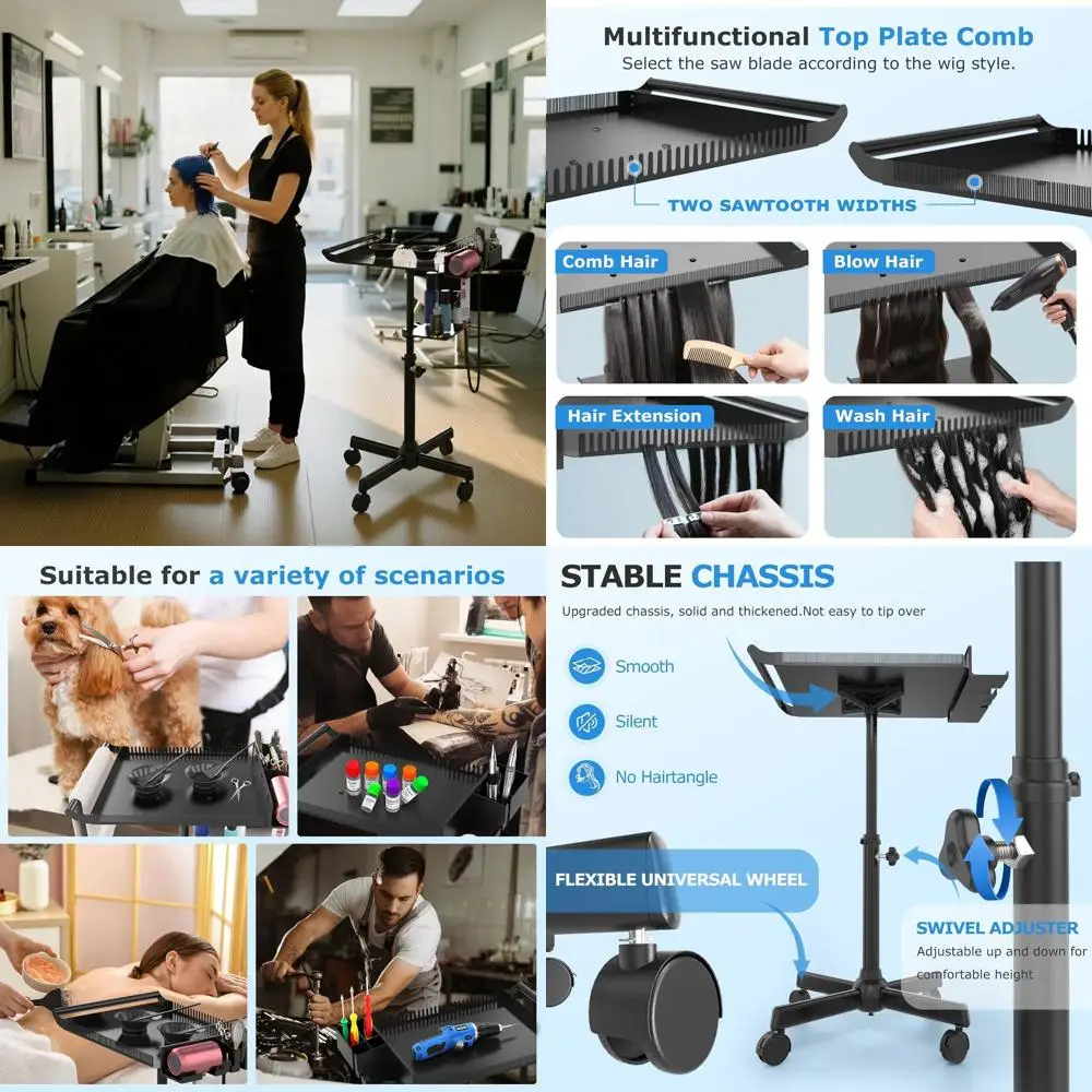 

Portable Rolling Hair Styling Trolley with Adjustable Tray, Holder, and Storage for Tools and Dye Bowls