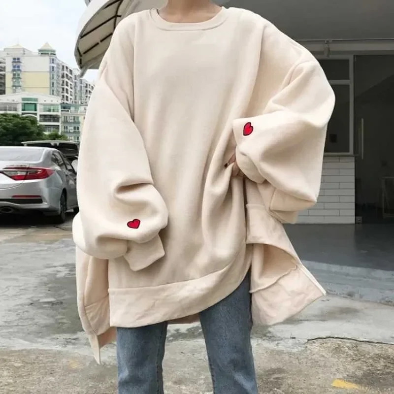 

2023 Khaki Tops Oversized 5XL4XL Women Sweatshirts Fall Heart Print Pullovers White Hoodie Long Sleeve Streetwear Drop Shipping