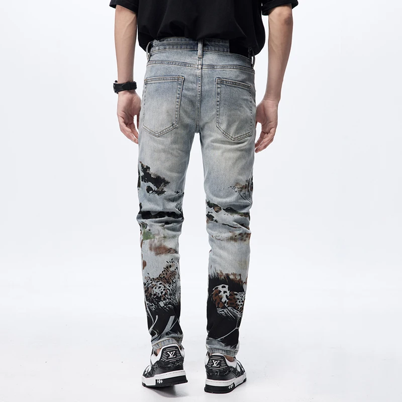 Fashion Jeans Men's Personality Cheetah Print Design High-End Men's Stretch Slim Trend Casual Ankle Banded Pants