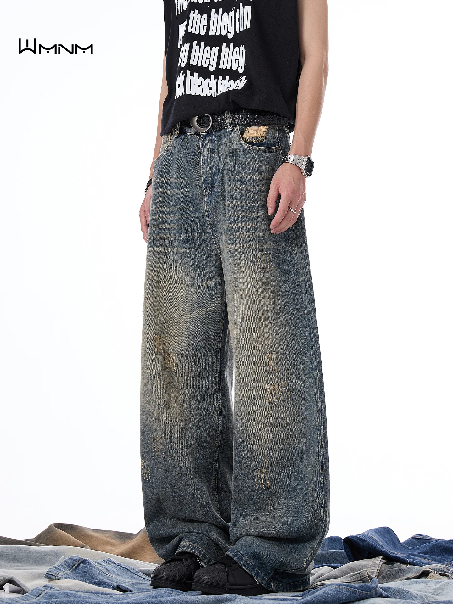 

Wmnm American Retro Men's Slim Straight Leg Jeans Knife Waed Wide Leg Pants Summer Casual Loose Fit Jeans