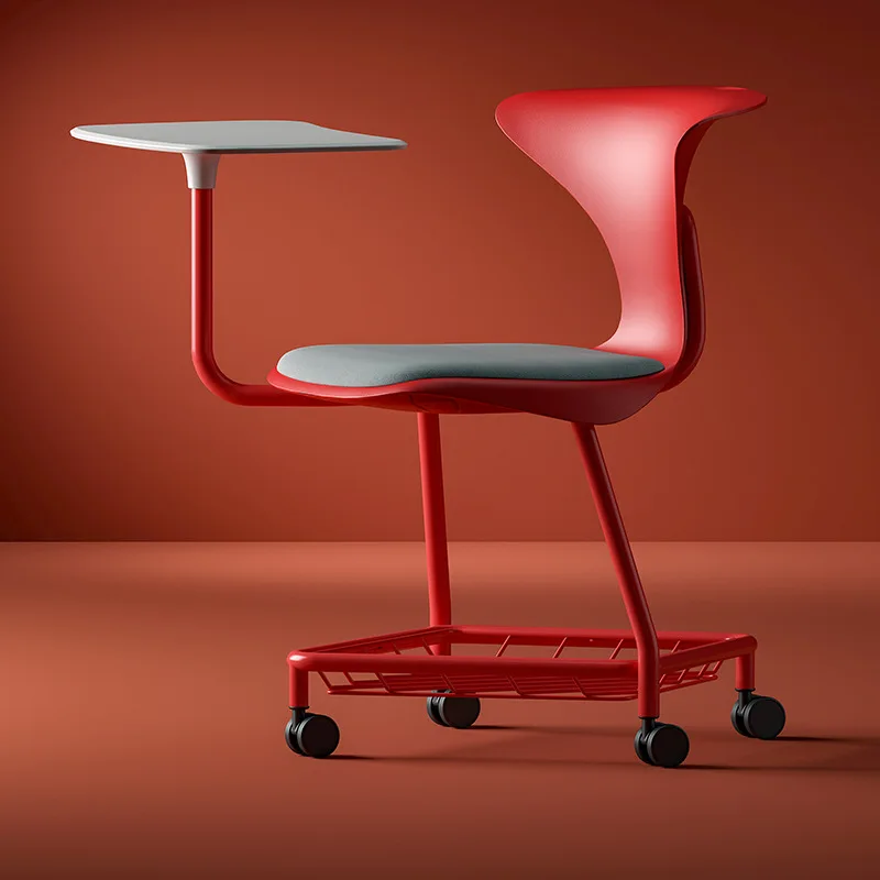 

Red four-legged plastic training chair with large tablet, simple writing conference chair with book mesh with wheel