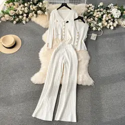 New 2024 Spring Korean Casual 3 Piece Suits Women's Knitted Cardigan Coat + Vest Tops + Wide Leg Pants Fashion Three Piece Sets