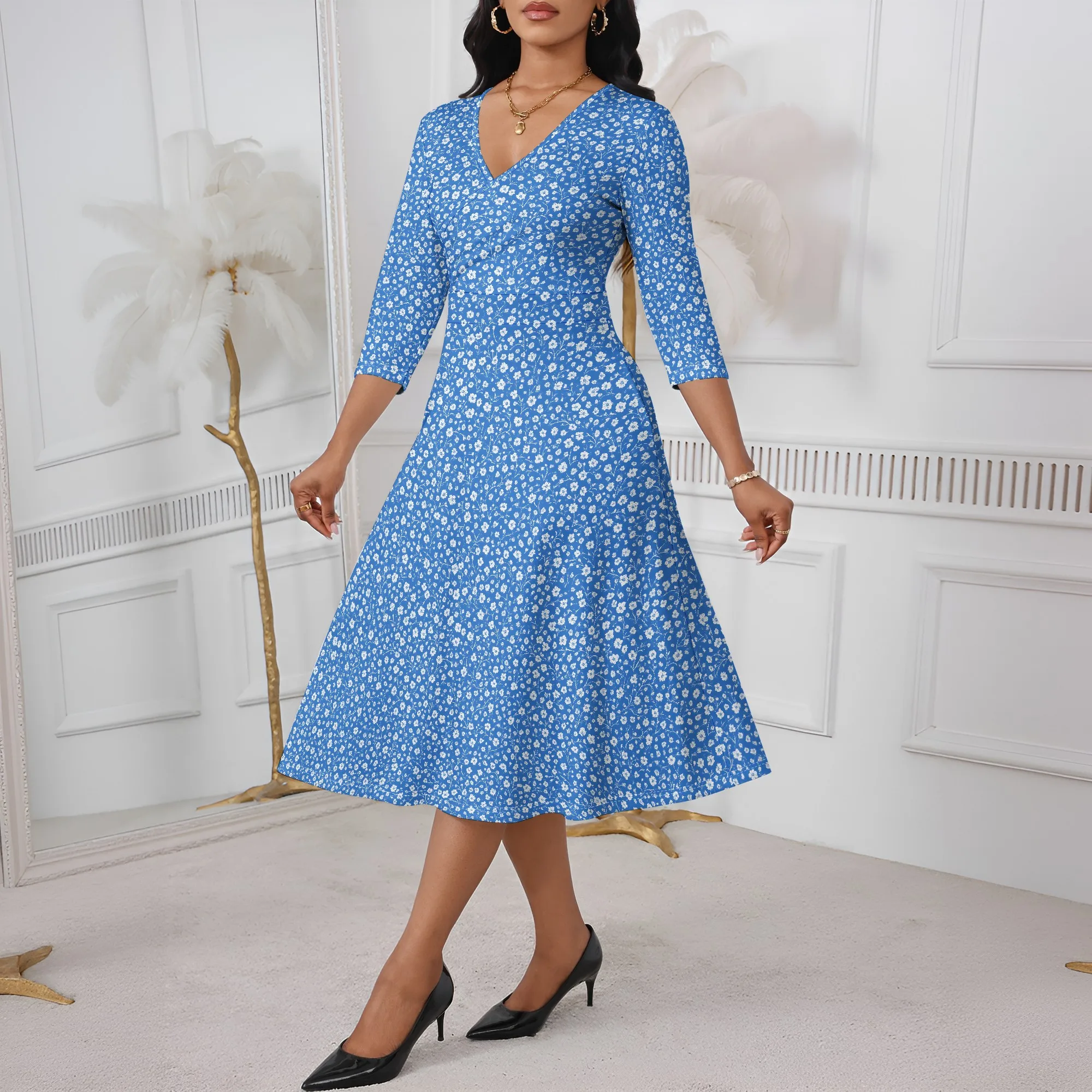 Vestido midi informal de cintura alta con cuello en V y manga 3/4 para mujer, vestido bohemio de moda fluido con estampado, vestido veraniego para invitados de boda