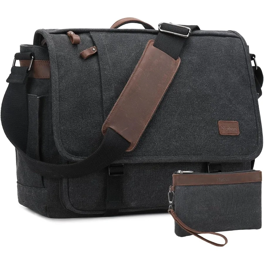 

Waterresistant canvas messenger bag with spacious interior and padded laptop compartment for 15.6 inch devices ideal for work c