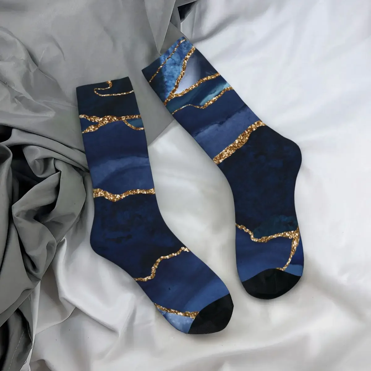 Funny Happy Unisex Abstract Navy Blue Watercolor Marble Socks Modern Sweat Absorbing Basketball Socks Breathable Crazy Sock