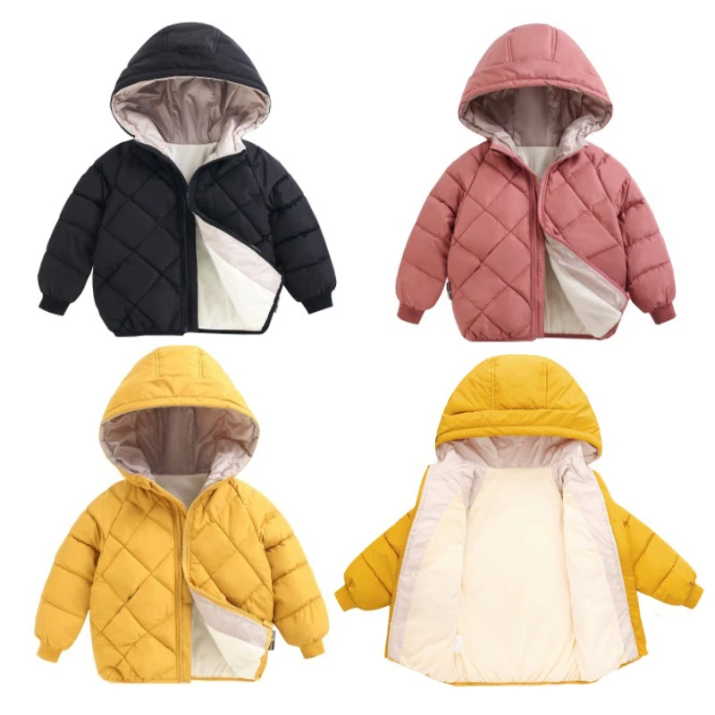 Kids Boys Girls Hooded Jackets Winter Velvet Thicken Warm Outerwear Children Fashion Zipper Lattice Coat Sports Casual Clothing