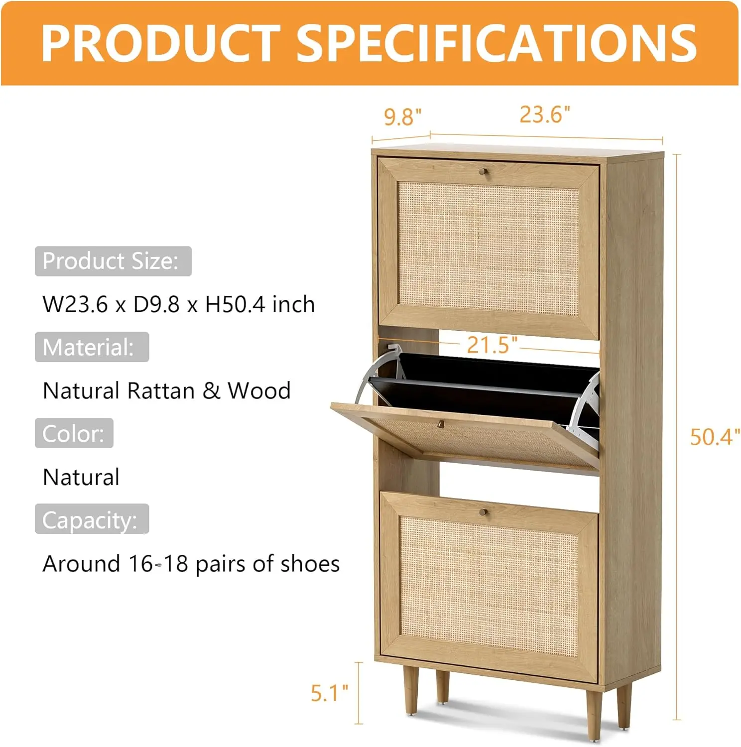 狭い靴キャビネット 3 つのフリップ引き出し付き 隠し自立靴ラック 天然籐のドア付き 木製靴収納キャビネット