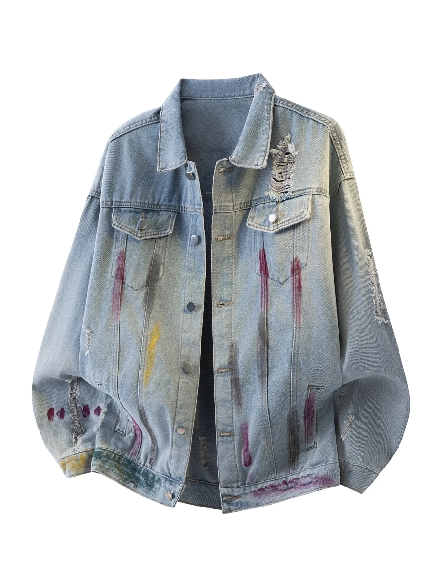 

Ретро-джинсовая куртка в американском стиле с эффектом потертости и дырками, свободного кроя, CleanFit, модная, весенне-осенняя, джинсовая верхняя одежда