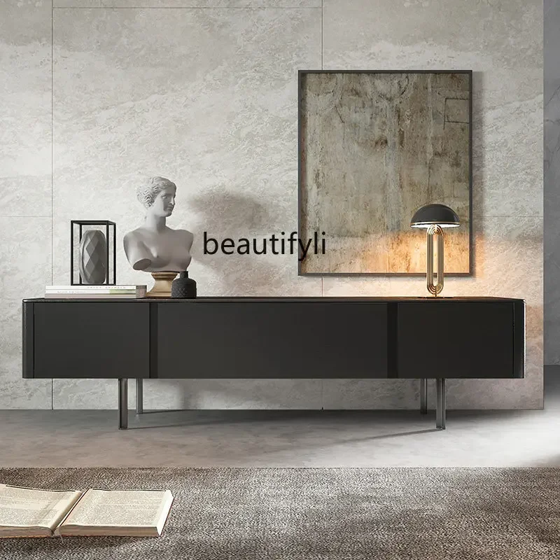 

New Italian Stone Plate TV Cabinet Modern Minimalist Living Room Black Overall Background CabinetA