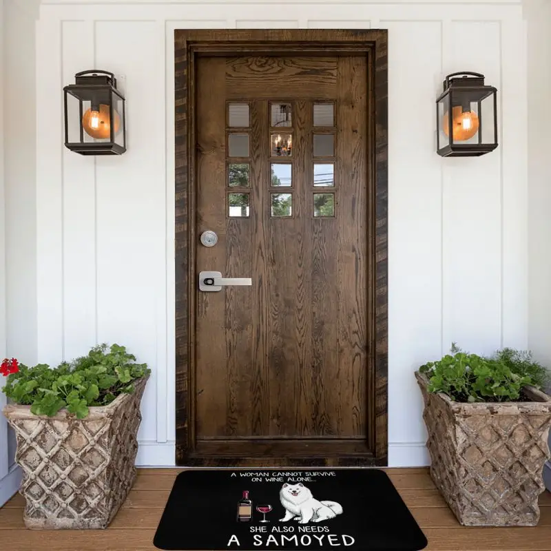 Samoyed And Wine Funny Dog Front Door Mat Anti-Slip Outdoor Absorbent Doggy Puppy Pet Doormat Living Room Entrance Rug Carpet