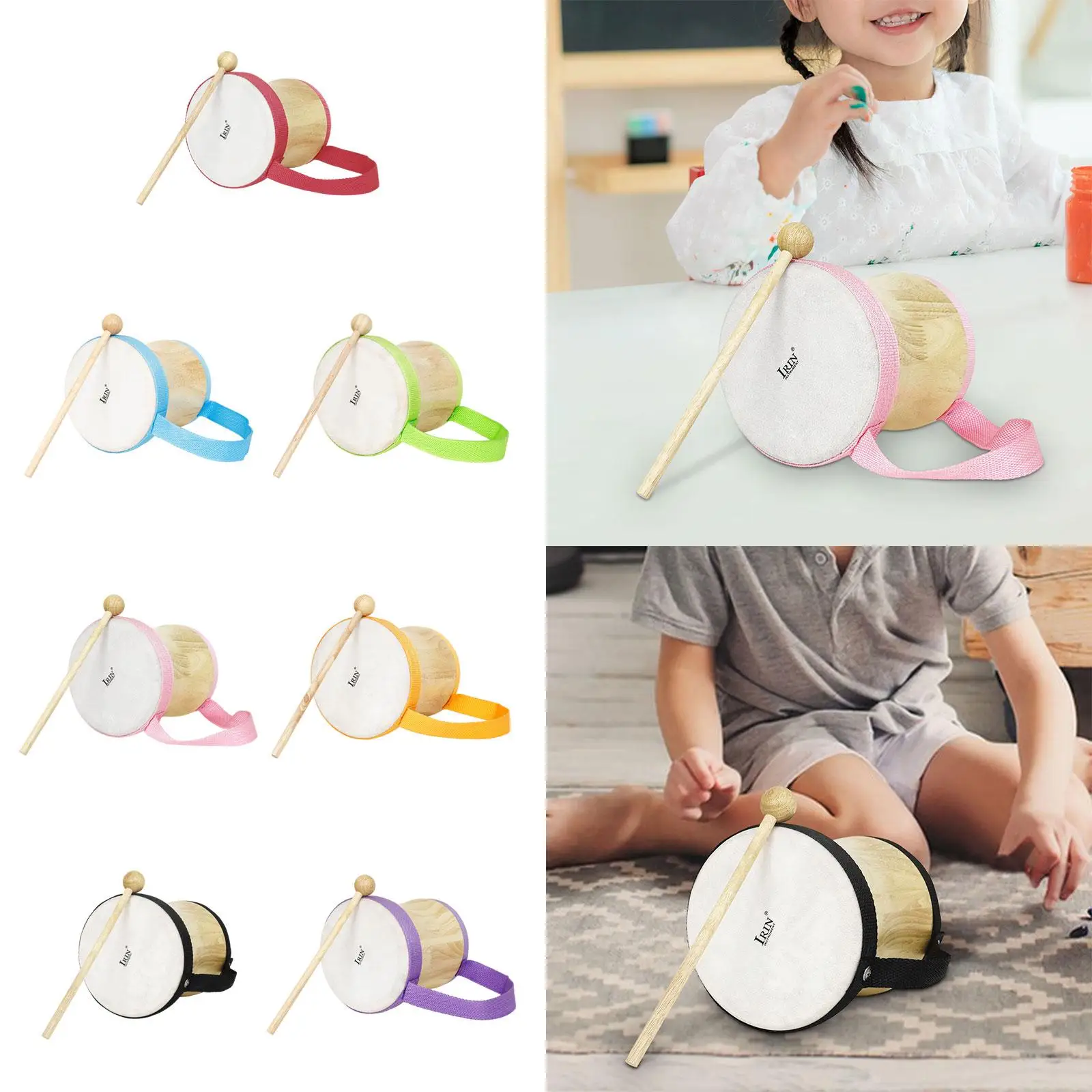 Kids Drum Set, Wooden Drum Set with Carry Strap, Wooden Drum Sticks Toy Drum Set Musical Instrument Drum Set for Girls Boys view 5