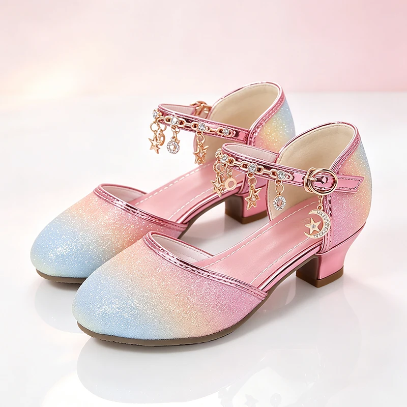 Charm Girls High Heels Rainbow Princess Dress Shoes Shiny Sequined Mary Jane Rhinestone Elegant Party Pageant Children's Sandals