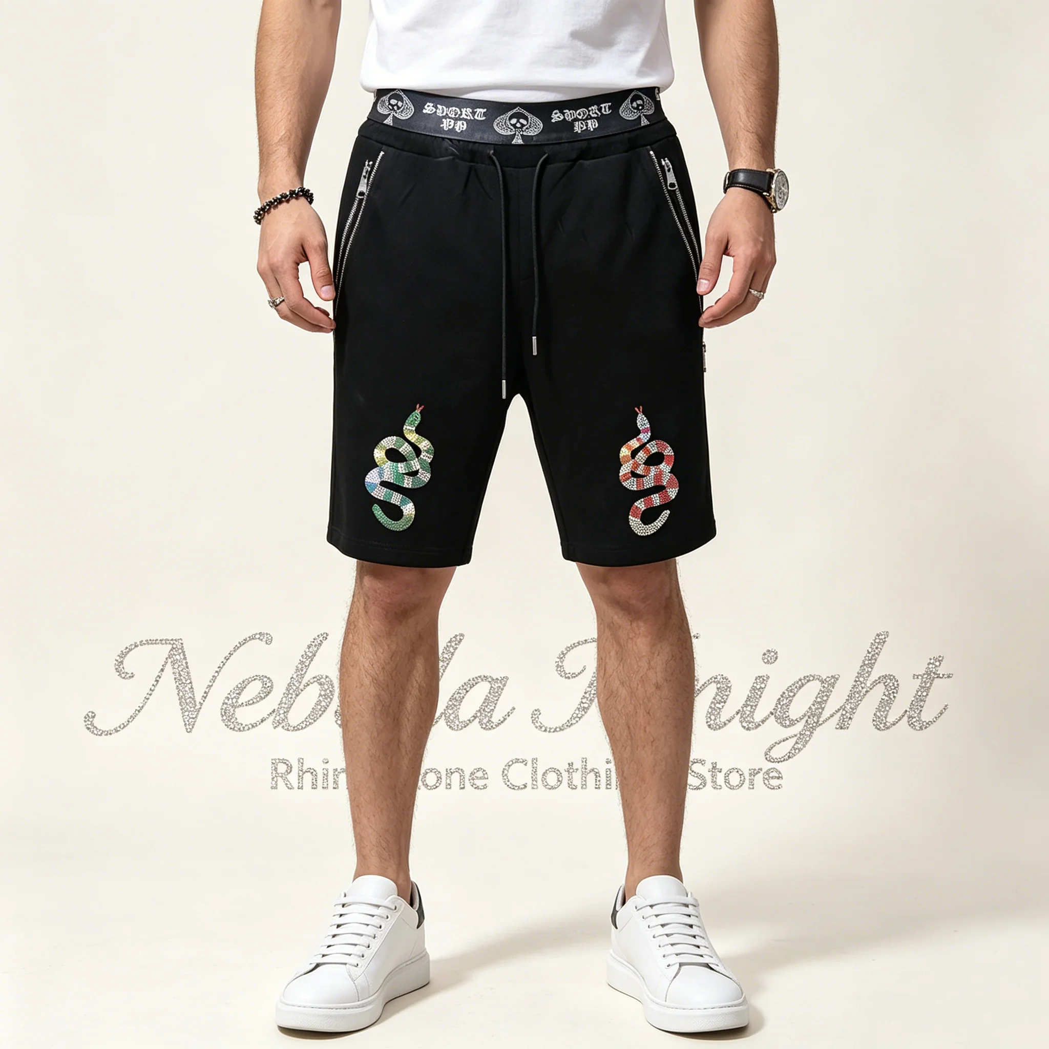 New Luxury Designer Men Rhinestone Shorts Luxury Designer Elastic Waist Zipper Pocket Beach Sweat Shorts