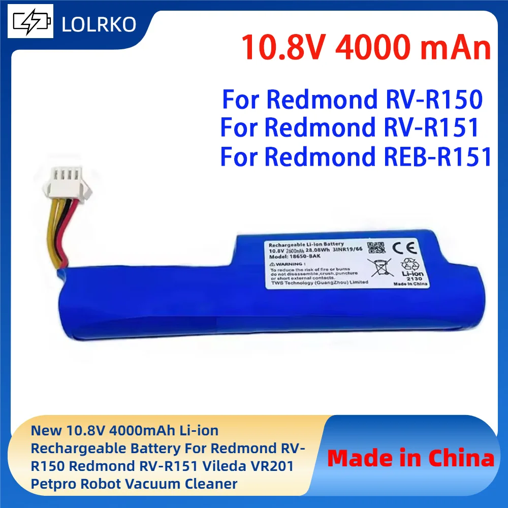 

New 10.8V 4000mAh Li-ion Rechargeable Battery For Redmond RV-R150 Redmond RV-R151 Vileda VR201 Petpro Robot Vacuum Cleaner