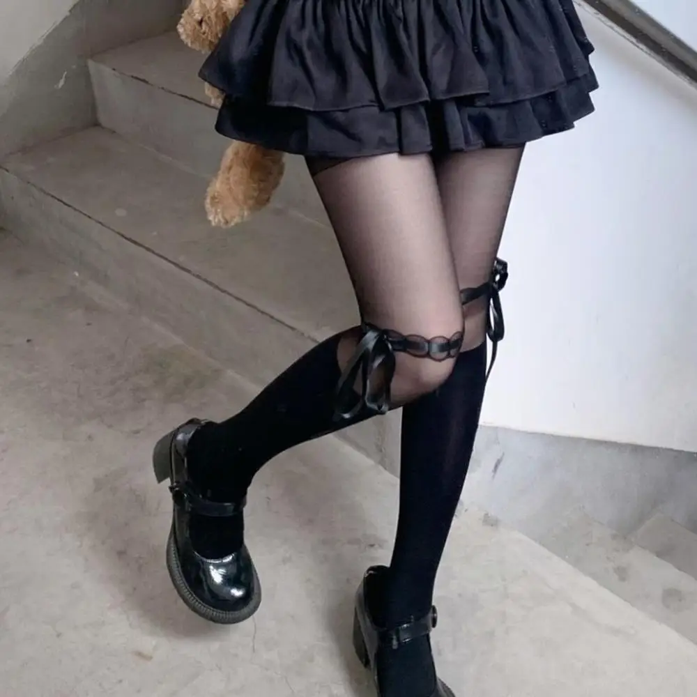 

White Bow Stockings Long Lolita Socks Sexy Lace Over-the-knee Stockings Silk Cross Strap White Pantyhose Sweet Bows Style Socks