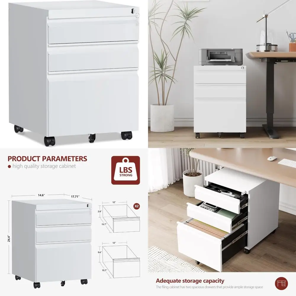 Secure Rolling Metal File Cabinet with Lock, Mobile Under Desk Storage for A4/Letter Size Documents