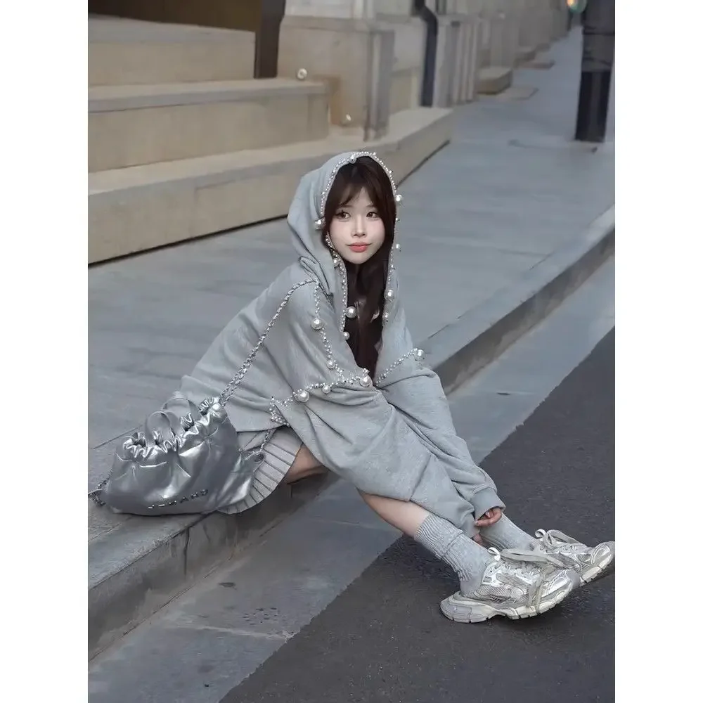 Grey Zip Up Sweatshirt Pearl Hooded Jacket Women Autumn Streetwear New Loose Design Casual Tops Harajuku Kawaii Sweatshirt