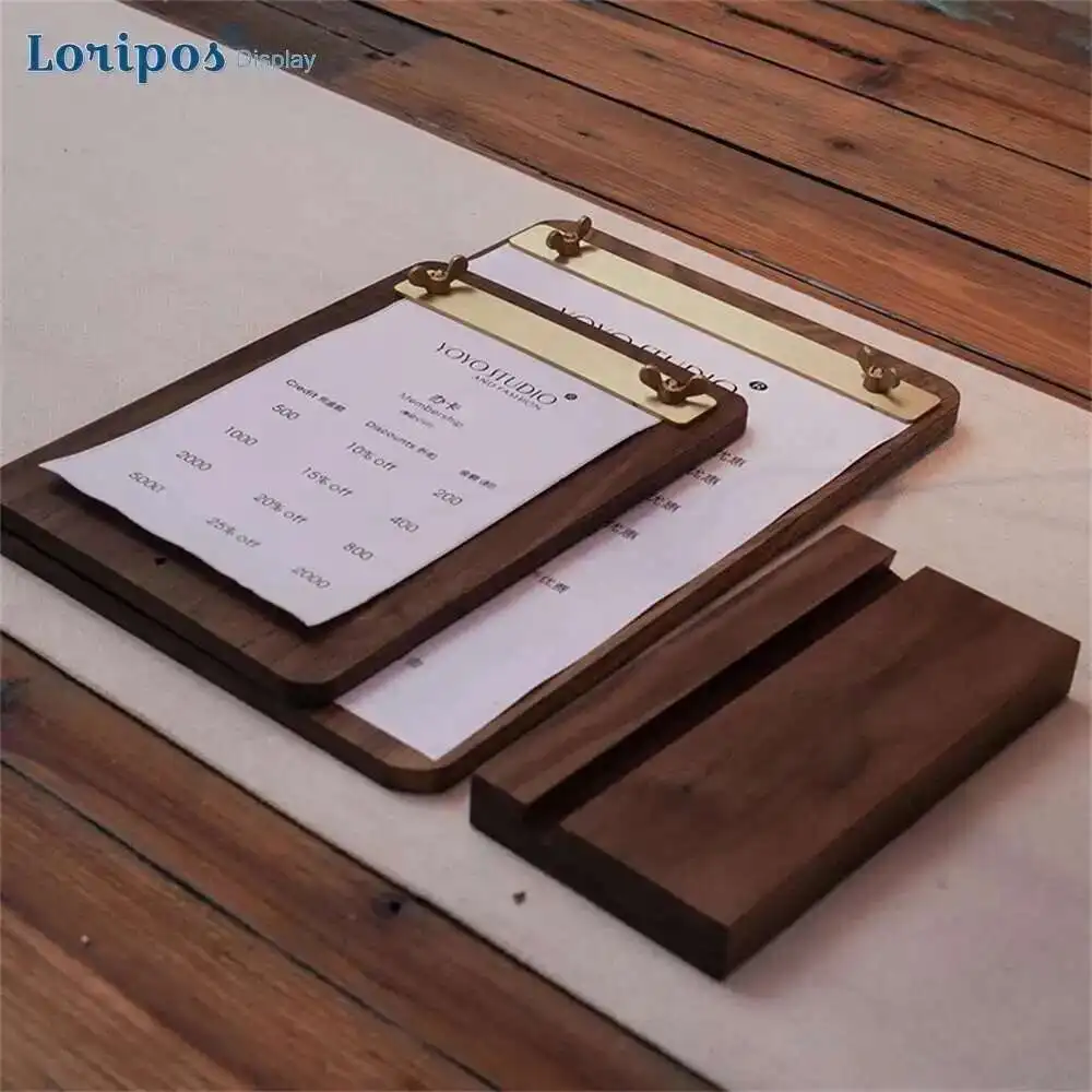 Creative Walnut Menu A4 Bill Folder Writing Pad Board Shop Bar Brass Clip Restaurant  Menu Holder Stand Wooden Base