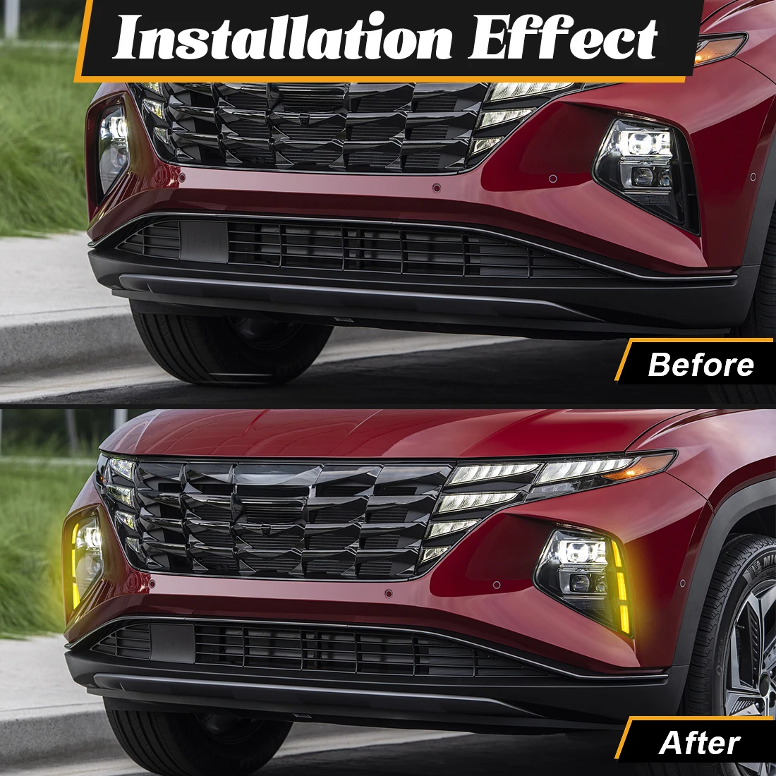 LED DRL For Hyundai Tucson 2022-2024 Daytime Running Light Amber Dynamic Turn Signal Fog Lamp Daylight Night Running Lamp 12V