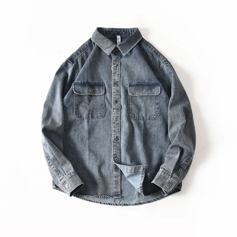 

American-style New Cotton Washed Loose Casual Turn-down Collar Long-sleeve Denim Shirt for Men Autumn Workwear Shirt Jacket