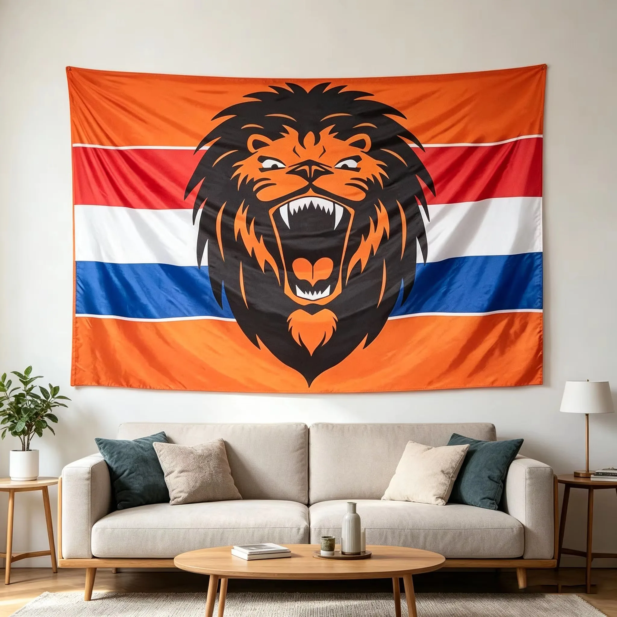 2026 Global Football Championship Netherlands Tapestry, Orange Lion Dutch Flag Flat Print Wall Hanging for Watch Party Home