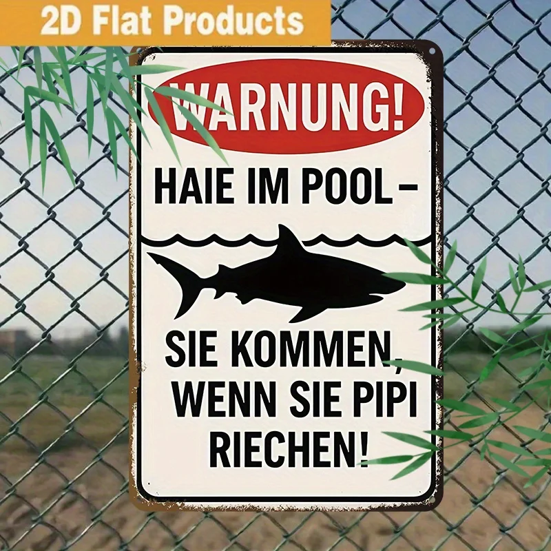 Diseño de advertencia divertido "¡ATENCIÓN!" Arte mural con diseño de tiburones en la piscina que oloran a orina, para el hogar, bar, cafetería, garaje y espacios al aire libre.