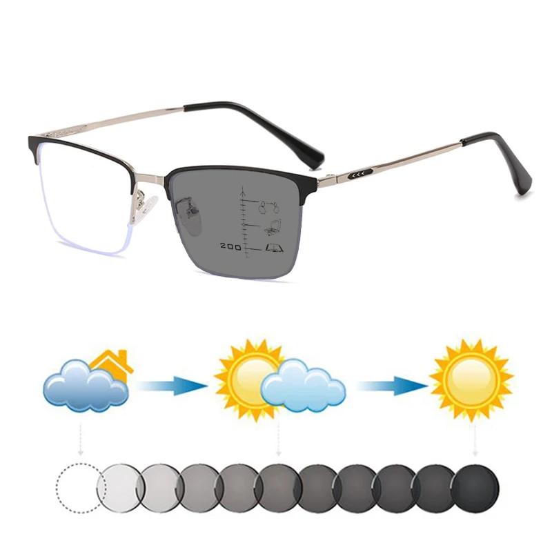 

Fashion Men Semirim Titanium Alloy Photochromic Progressive Reading Sunglasses Male Hyperopia Sunnies Automatic Discoloration