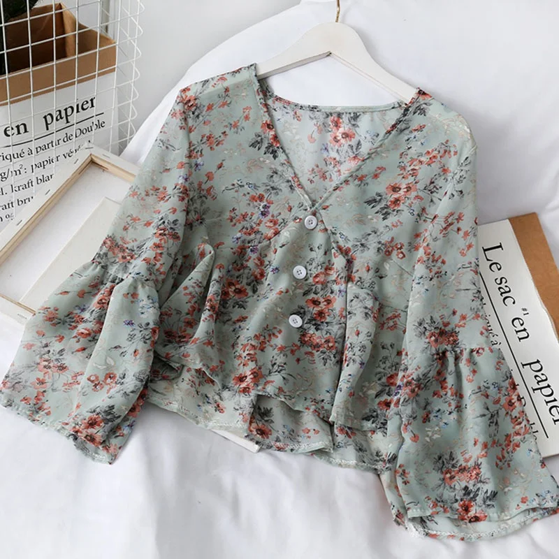 Women\'s Fashion V Neck Floral Print Sweet Small Fresh Long Sleeves Chiffon Shirt Blouses