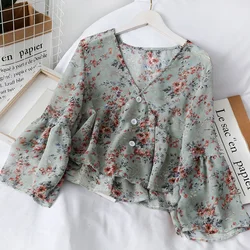 Women's Fashion V Neck Floral Print Sweet Small Fresh Long Sleeves Chiffon Shirt Blouses