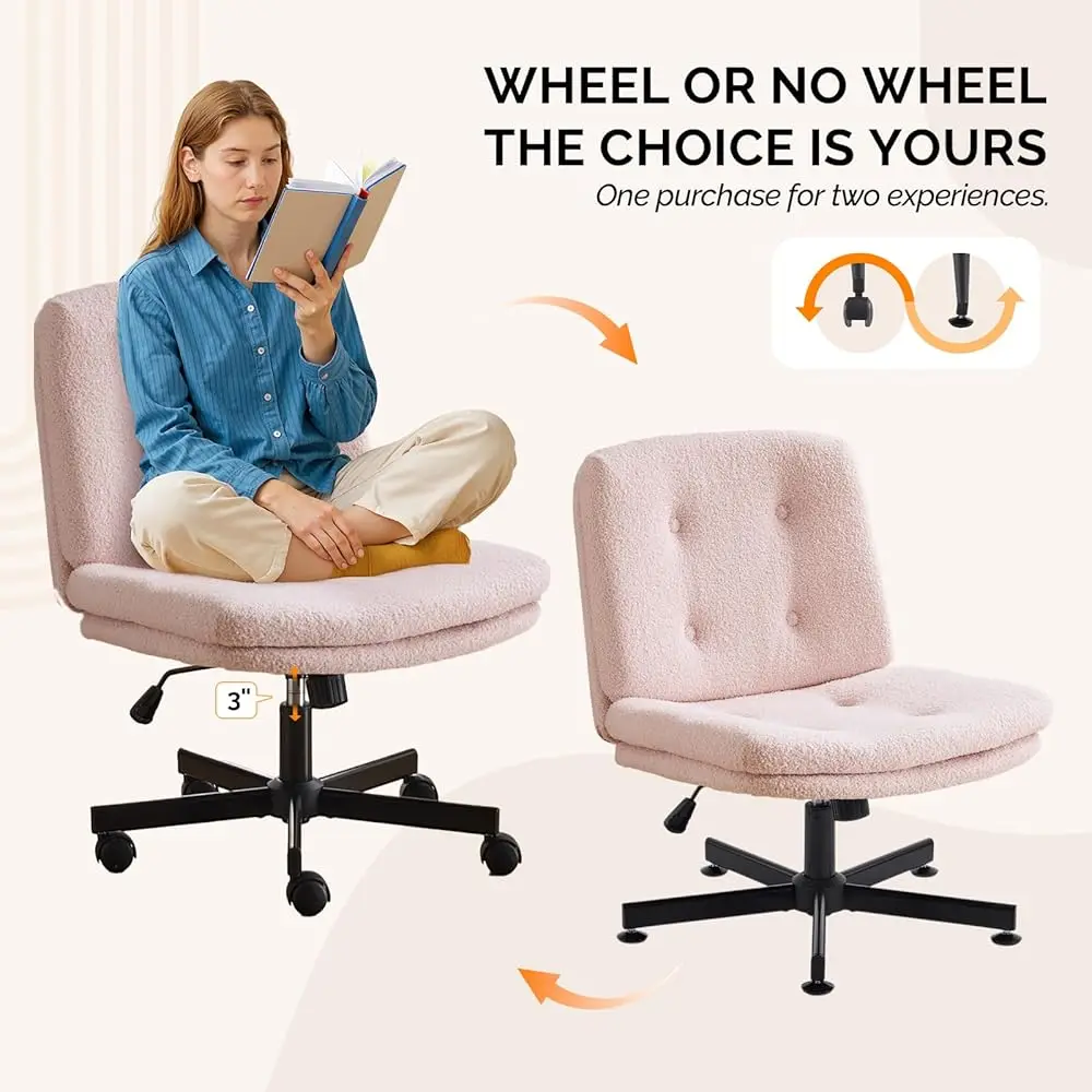 Swivel Arml Criss Cross Vanity Chair With Wheels/No Wheels,Rocross-Legged Office Desk Chair, Adjustable Height Rolling Computer