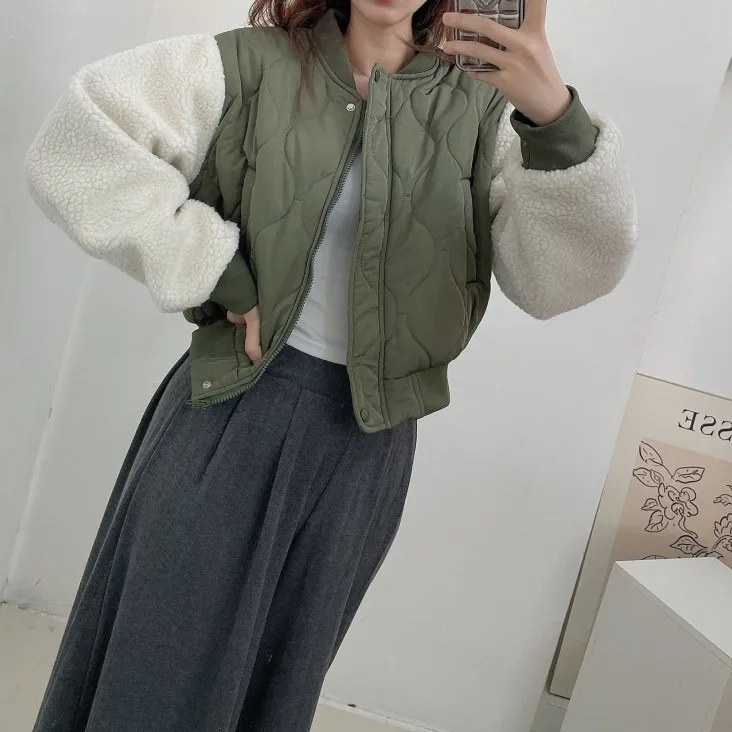 

Женская шикарная корейская свободная посадка из меха ягненка в стиле пэчворк, бейсбольная куртка или топ, теплая хлопковая верхняя одежда, пальто