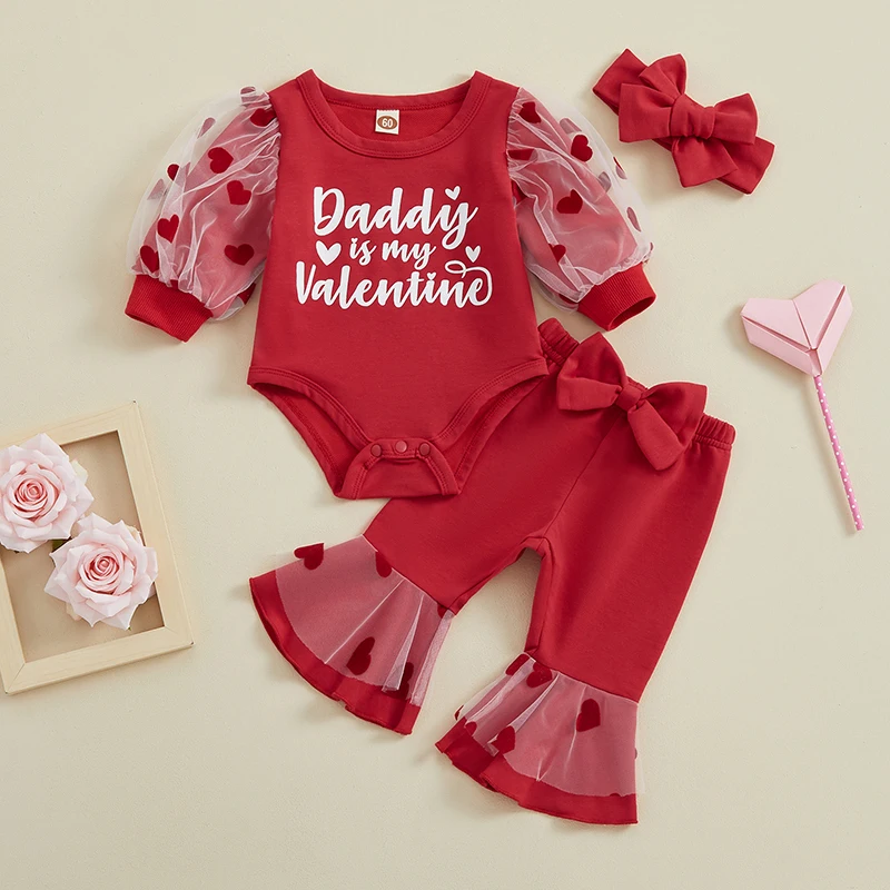 

Suefunskry Infant Baby Girl Valentine's Day Outfits Long Sleeve O-Neck Heart Print Romper + Elastic Waist Flare Pants + Headband